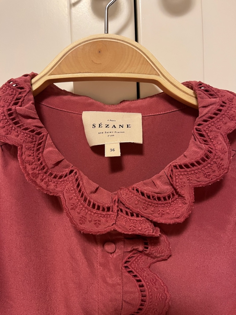Sezane Ruffled Front Button-Up Blouse in Rosewood - Picture 3 of 7